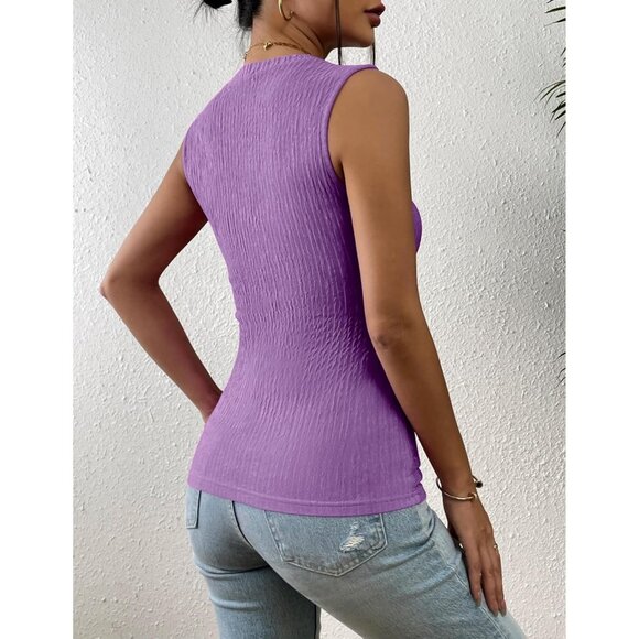 🆕 Women Purple High Neck Tank Top Summer Casual Ribbed Knit Slim Fitted Shirts - Picture 4 of 5